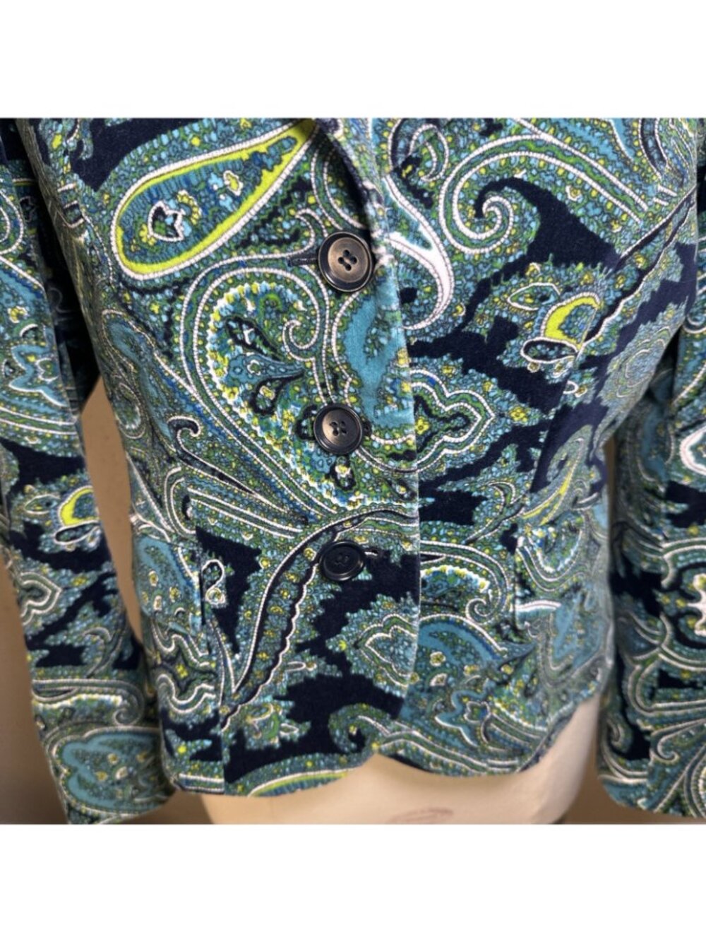 Vintage Talbots Size 10 Petite Paisley Printed Velvet Single Breasted Blazer - Picture 3 of 16